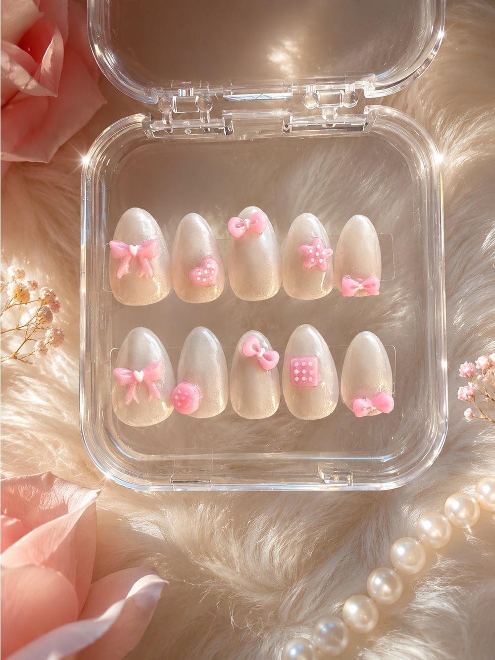 Pink Coquette Cat Eye Almond Nails | 3D Bow Pearl Chrome Gel Press Ons